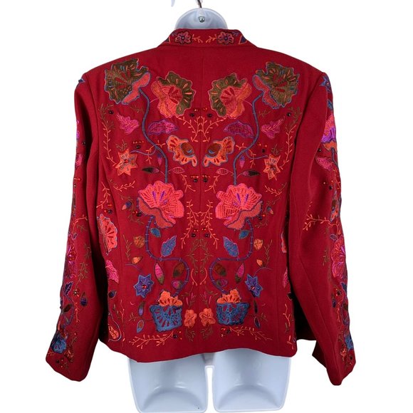 John Meyer Womens Embroidered Floral Embellished Crystals Blazer Jacket Red 16W - Picture 4 of 10